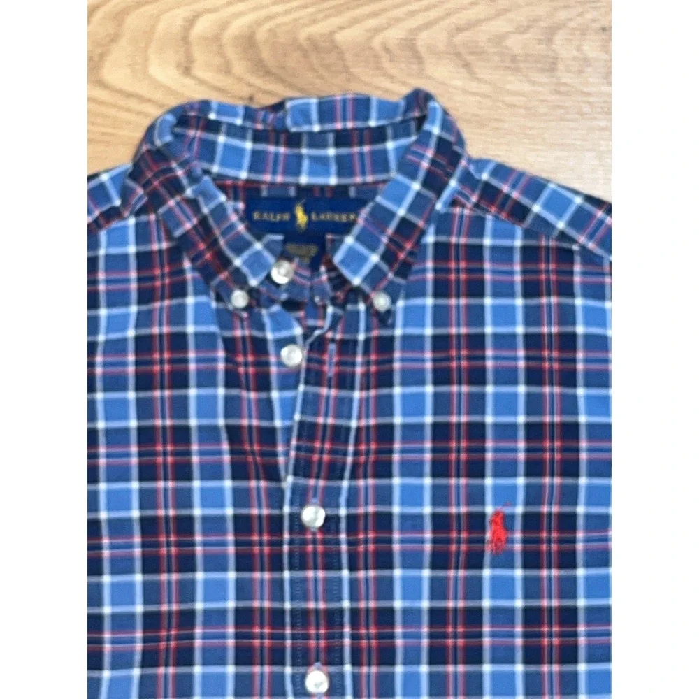 Ralph Lauren Button Down Shirt Boys L 14-16 Blue Red Plaid Short Sleeve Pony